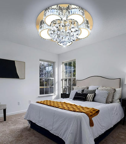 23.6" Gold Modern Crystal Chandeliers for Dining Room LED Dimmable Light Fixtures Flush Mount Light Living Room Bedrooms
