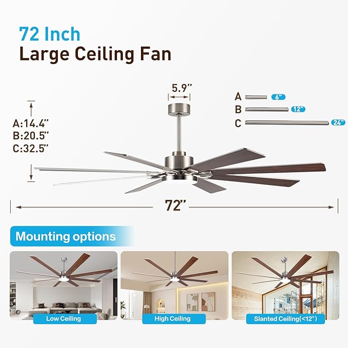 Minislak 72Inch Large Brushed Nickel Ceiling Fans with Light and Remote Control,8 Wooden Blades,6-Speeed,3CCT,Quiet Reversible DC Motor,Indoor Outdoor Ceiling Fan for Patio/Living Room/Garden