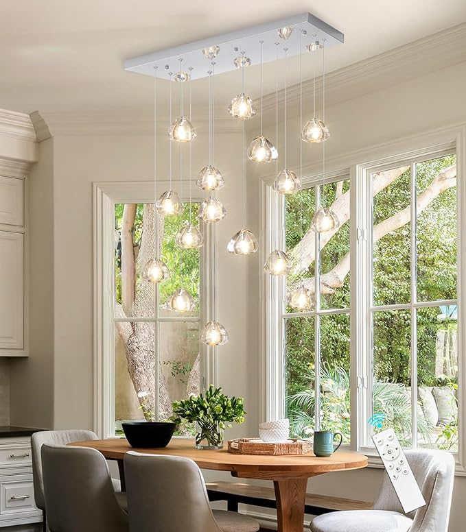 HAIXIANG Crystal Rectangular LED Chandelier for Living Dining Room Light Dimmable High Ceiling Pendant Lights Fixtures Lighting Chandeliers for Foyer Entryway Lighting Polished Chrome