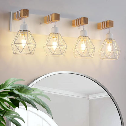 Farmhouse Vanity Light for Bathroom, 4-Light White Wood Bathroom Vanity Light Fixtures Over Mirror, Rustic Sconces Wall Lighting with Metal Lampshade for Living Room, Bedroom, Hallway
