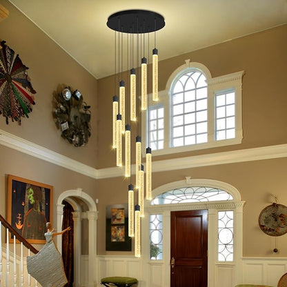 118'' Modern Crystal Column Chandelier for High Ceiling LED Dimmable Crystal Pendant Light Staircase Foyer Enterway Living Room Ceiling Chandelier Lighting Black 12 Lights