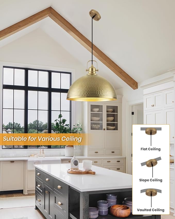 Gold Pendant Light 16 inch, Hammered Large Dome Pendant Light, Industrial Farmhouse Pendant Lights Kitchen Island, Gold Kitchen Pendant Lights for Kitchen, Dining Room Living Room 2 Pack