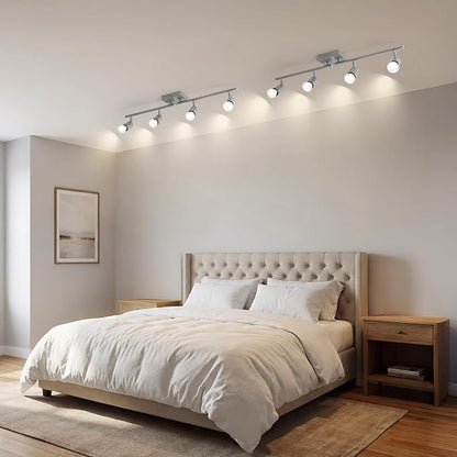 4-Light Nickel Track Lighting Kit, Adjustable GU10 Ceiling Spotlight Fixture with Rotatable Heads, Modern Flush Mount for Kitchen Island, Hallway, Living Room (Bulbs Not Included)