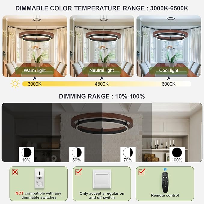 Benkut Modern LED Chandelier Circular Farmhouse Red Walnut Color, Dimmable LED Pendant Light with Remote Ring Chandelier Dining Room Light Fixtures for Kitchen Island Living Room Entryway, D23.6