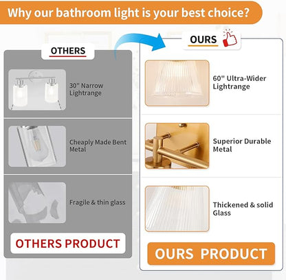 OCIOC 3-Light Bathroom Vanity Light, Modern Gold Wall Light Fixture With Stripe Glass, Farmhouse Bathroom Wall Sconces for Mirror, Kitchen, Bedroom, Living Room, Hallwa