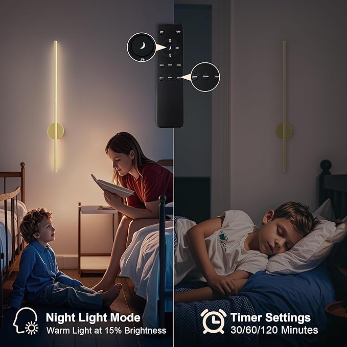 Battery Operated Modern Wall Sconces,Dimmable Wireless Wall Light Set of Two with Remote Control,3 Color Temperatures,Rechargeable LED Wall Sconce for Bedroom,Living Room,Hallway,27.6 Inch,Matte Gold