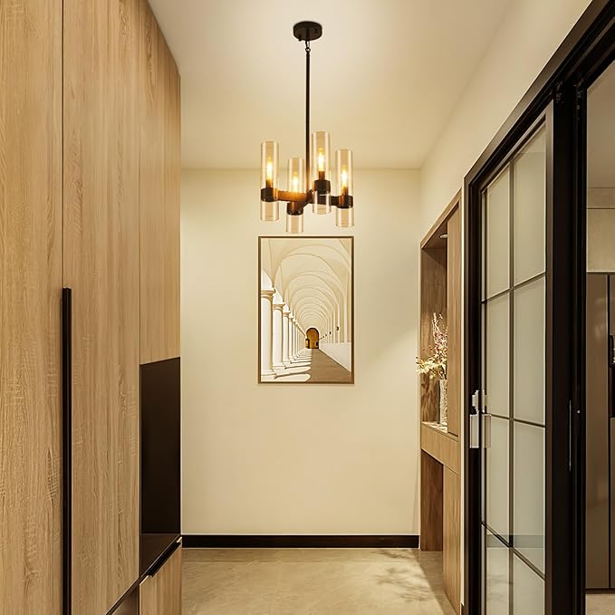 4 Lights Black Chandeliers for Dining Room Light Fixture | Entryway Chandelier for Foyer with Glass Cover | Kitchen Island Lighting Over Table for Hallway | Entryway | Corridors | Bedroom