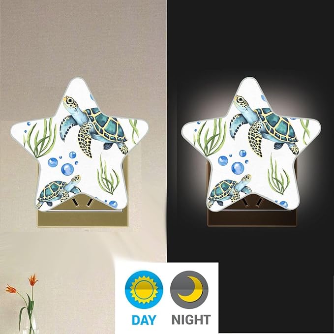 Watercolor Sea Turtles Plug in LED Night Light Lamp with Dusk to Dawn Sensor for Hallway, Kitchen, Bathroom, Bedroom - Star Shaped Decor