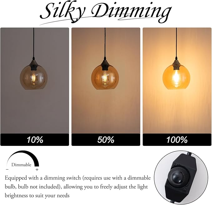 Amber Raindrop Pendant Light Plug in Hanging Lamp with Dimmable Switch Textured Teardrop Glass Shade 16.4 Ft Cable for Living Room Bedroom Bohemian Decor