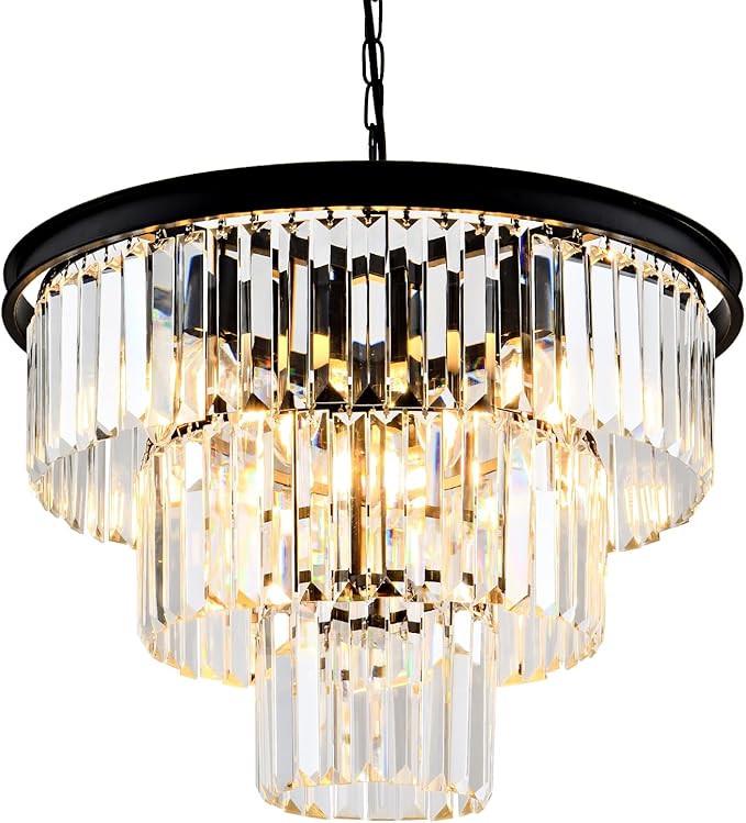 Modern Crystal Chandelier 20'' Black Chandeliers for Dining Room Contemporary Pendant Light Fixture Round 3-Tier K9 Crystal Chandelier Adjustable Height for Living Room, Foyer, Entryway, Bedroom