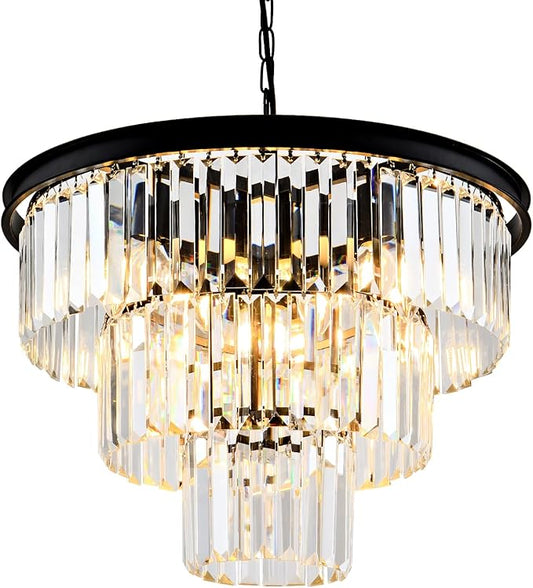 Modern Crystal Chandelier 20'' Black Chandeliers for Dining Room Contemporary Pendant Light Fixture Round 3-Tier K9 Crystal Chandelier Adjustable Height for Living Room, Foyer, Entryway, Bedroom