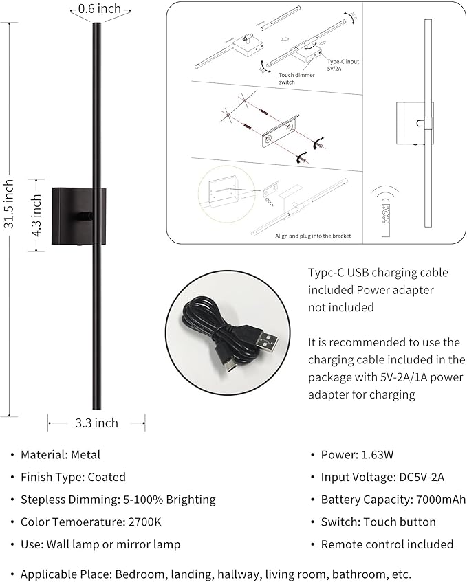 KDG Cordless Wall Sconces Set of 2, Wireless 5200mAh Rechargeable Battery Operated LED Wall Lamps with Remote, 360° Rotate Lightings for Wall Painting, Bedroom, Hallway, Night Light 31.5 inch (Black)