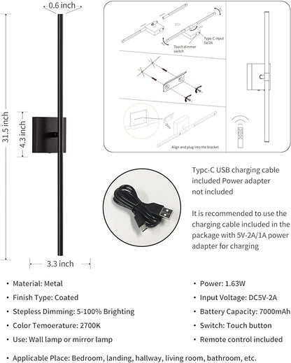 KDG Cordless Wall Sconces Set of 2, Wireless 5200mAh Rechargeable Battery Operated LED Wall Lamps with Remote, 360° Rotate Lightings for Wall Painting, Bedroom, Hallway, Night Light 31.5 inch (Black)