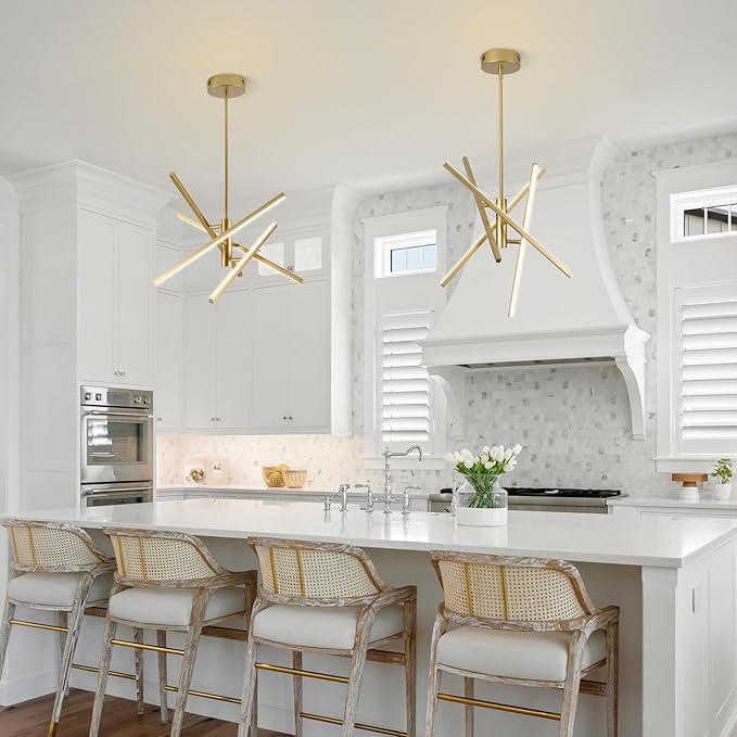 Modern Gold Chandelier Light Fixtures: LED 4-Light Sputnik Dining Room Chandeliers Linear Pendant Lights Fixture Over Table Dimmable with Remote for Kitchen Island Living Room