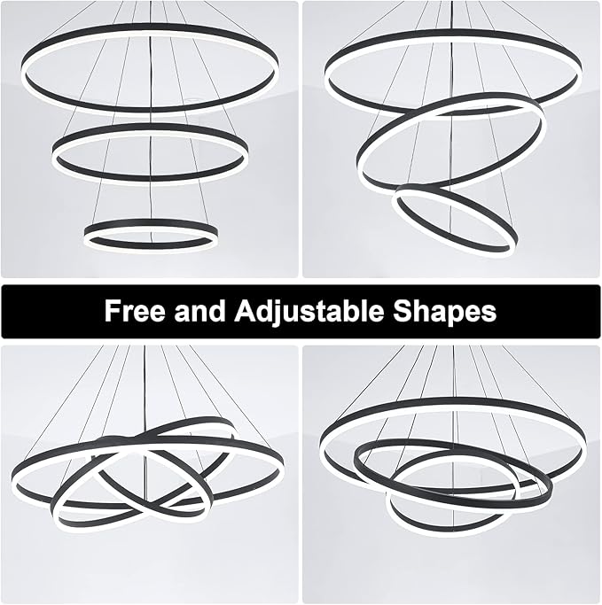 3-Rings D31.5’’ Modern LED Chandelier Black, Dimmable Pendant Lighting with Remote Control Circular Flush Mount High Ceiling Light for Living Dining Room Bedroom Foyer, 3000K-6500K