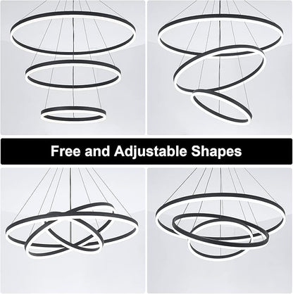 3-Rings D31.5’’ Modern LED Chandelier Black, Dimmable Pendant Lighting with Remote Control Circular Flush Mount High Ceiling Light for Living Dining Room Bedroom Foyer, 3000K-6500K