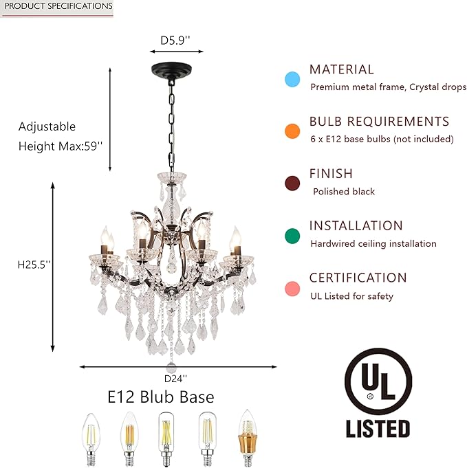 6-Light Crystal Chandelier Black Finish Modern Luxury Antique Flush Mount Chandelier with Crystal Drops Prisms Beads, Elegant Dining Room Living Room Entryway Foyer Ceiling Light Fixture