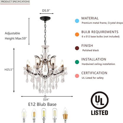 6-Light Crystal Chandelier Black Finish Modern Luxury Antique Flush Mount Chandelier with Crystal Drops Prisms Beads, Elegant Dining Room Living Room Entryway Foyer Ceiling Light Fixture
