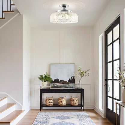 Lamomo Semi Flush Mount Ceiling Light,Upgraded Larger 12 Inch Silver Hallway Light Fixture,3 Light Globe Glass Close to Ceiling Scone, Indoor Hanging Light for Bedroom Kitchen Porch Hallway