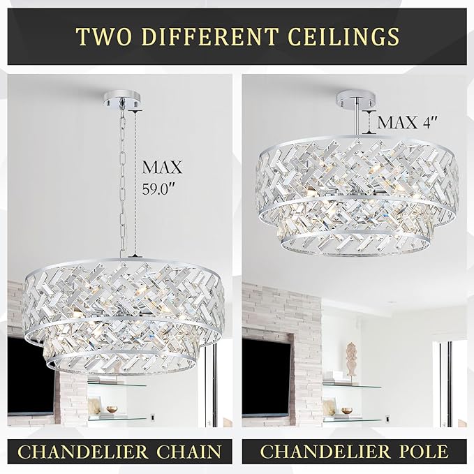 CATINER Chrome Crystal Chandelier, 8-Light Drum Semi Flush Mount & Pendant Ceiling Light, 24'' Modern Round Fixture for Living Room, Dining Room, Kitchen, Foyer, Bedroom