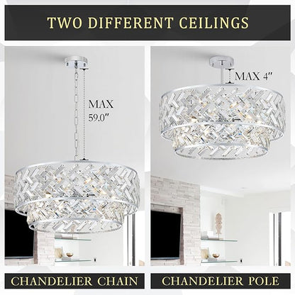CATINER Chrome Crystal Chandelier, 8-Light Drum Semi Flush Mount & Pendant Ceiling Light, 24'' Modern Round Fixture for Living Room, Dining Room, Kitchen, Foyer, Bedroom