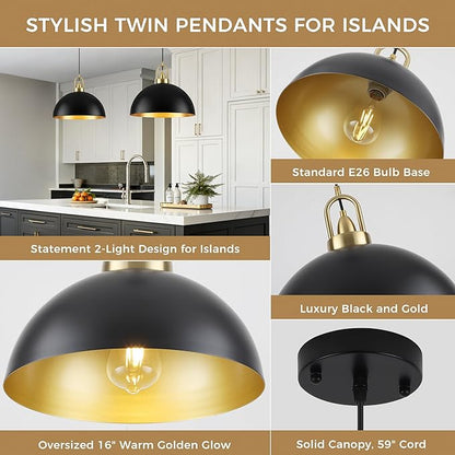 16'' Large Black Pendant Lights for Kitchen Island Lighting, 2-Pack Modern Farmhouse Industrial Dome Hanging Ceiling Pendant Lighting Fixture for Dining Room, Bar, Living Room