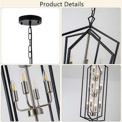 Lanhall 12-Light Lantern Tired Foyer Entryway Hanging Lights Farmhouse High Ceiling Pendant Lights Industrial Chandelier for Hall Foyer Entryway Living Room-Brushed Nickel