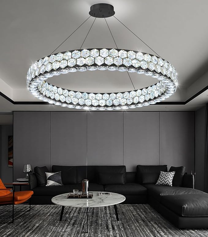 Modern Ring Chandelier Crystal Chandeliers for Dining Room Round Ceiling Light Fixture for Living Room Bedroom Lighting LED Dimmable with Remote Ring Lights Black