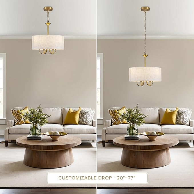 Drum Chandelier for Dining Room, 4-Light Modern Farmhouse Gold Chandelier with Linen Drum Shade, 16" Hanging Pendant Ceiling Light Fixture for Kitchen Island Bedroom Living Room