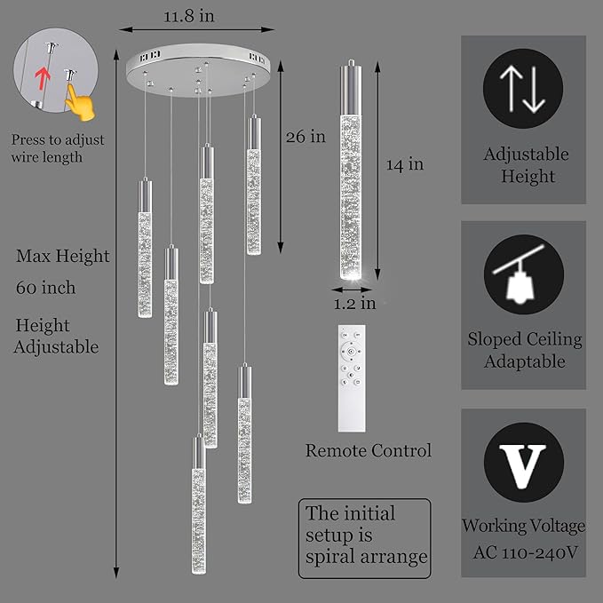 Modern High Ceiling Crystal Chandelier 7-Lights, Spiral LED Raindrop Foyer Pendant Lighting, Bubble Staircase Living Room Hanging Light Fixture Flush Mount Chrome