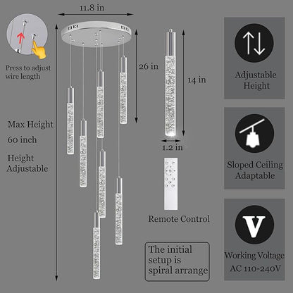 Modern High Ceiling Crystal Chandelier 7-Lights, Spiral LED Raindrop Foyer Pendant Lighting, Bubble Staircase Living Room Hanging Light Fixture Flush Mount Chrome