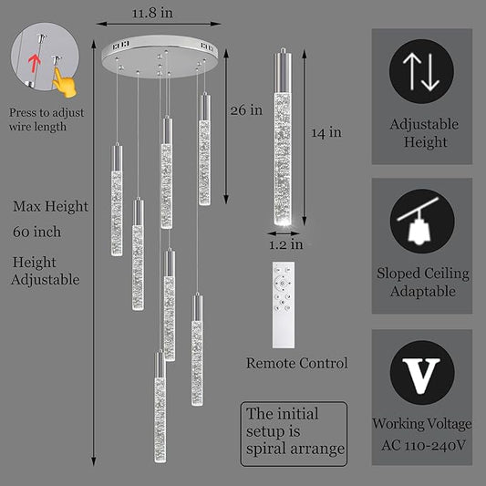 Modern High Ceiling Crystal Chandelier 7-Lights, Spiral LED Raindrop Foyer Pendant Lighting, Bubble Staircase Living Room Hanging Light Fixture Flush Mount Chrome