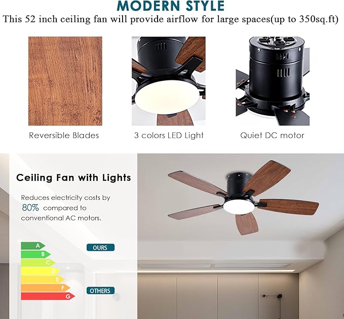 Ayaoty Ceiling Fans with Lights, 42 inch Low Profile Ceiling Fan with Light and Remote Control, Flush Mount, LED Dimmable DC Reversible Modern Ceiling Fan for Bedroom