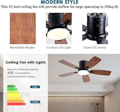 Ayaoty Ceiling Fans with Lights, 42 inch Low Profile Ceiling Fan with Light and Remote Control, Flush Mount, LED Dimmable DC Reversible Modern Ceiling Fan for Bedroom