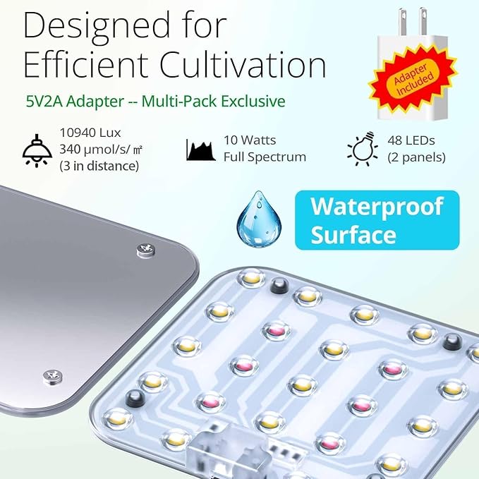 Full Spectrum LED Grow Light for Indoor Plants, 2 Panels 10W with 6/12/16h Timer Dimmable Plant Lights for Flower Veg Plant Growth USB, Pinkish White, 2-Pack