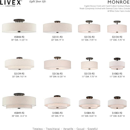 Livex Lighting 51085-92 4-Light Semi Flush Mount Ceiling Fixture with Oatmeal Color Fabric Hardback Drum Shade and Satin White Diffuser, English Bronze