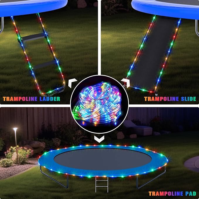 JMEXSUSS 2 * 200 LED Solar Rope Lights, 66ft IP 65 Waterproof Camping Light Outdoor, 8 Modes Trampoline Accessories Solar Trampoline Lights for Camp Ladder Slide Tent (Multicolor)