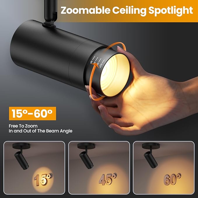 10W Zoomable 5-Color LED Ceiling Spotlight Directional Ceiling Light Indoor Adjustable Ceiling Spot Light Fixture Black Dimmable Flush Mount Accent Lighting 15-60° for Kitchen 1000lm CRI90