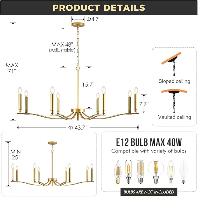 Gold Chandeliers for Dining Room, 8-Light Brass Chandelier Light Fixture Over Table Modern Candle Chandelier 44in Master Bedroom Chandeliers Lighting for Entry Foyer Bathtub Living Room