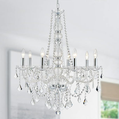 WUZUPS 8-Light Crystal Candle Chandelier Pendant Ceiling Light Modern Lighting Fixture for Bedroom Hallway Bar Kitchen Bathroom, H 35.4" W 27.6", E12 Base, Chrome