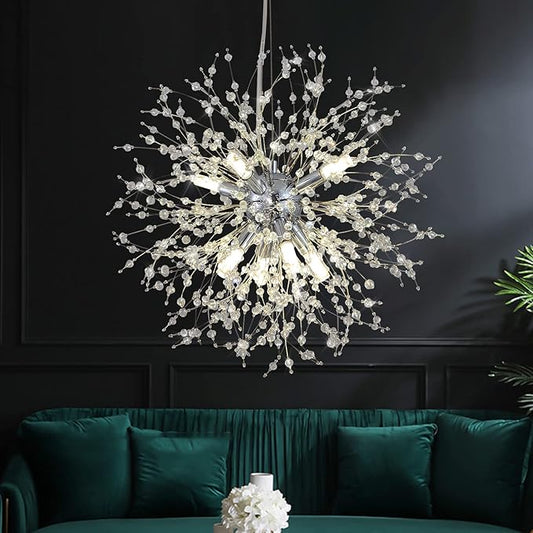CM MZY Modern Crystal Chandeliers Firework, 8-Light Chrome Dandelion Sputnik Ceiling Light Fixtures, Sputnik Chandelier for Bedroom Living Room Dining Room Kitchen Island Hallway