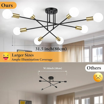 Modern Sputnik Chandelier 8-Light Industrial Ceiling Lights Fixture 32" Black and Gold Semi Flush Mount Ceiling Light with E26 Base Sputnik Lights Fixture for Dining Room Bedroom Hallway Living Room