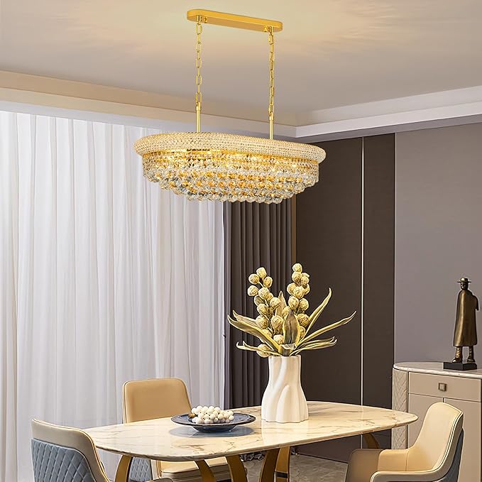 Crystal Chandeliers for Dining Room Light Fixtures Over Table, Modern Crystal Chandeliers for Kitchen lsland, 9 Lights Empire Style Gold Luxury Lighting Fixtures for Living Room Bar L31 Inch