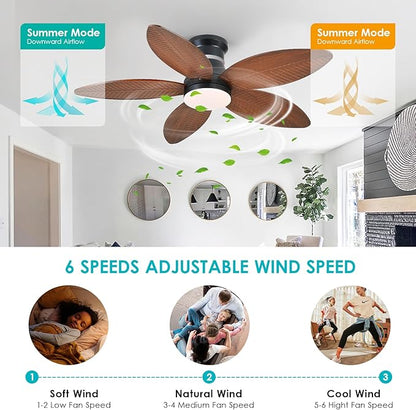 Surtime 46" Ceiling Fans with RGB Lights - Flush Mount Ceiling Fan Light with LED 3CCT Dimmable, Tropical Palm Leaf Ceiling Fans for Indoor Party,Covered Outdoor （Brown）
