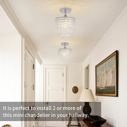 8" Mini Crystal Chandelier 3-Tier Crystal Raindrop Semi Flush Mount Ceiling Light Fixture Small Chandelier for Bedroom Kitchen Hallway Bathroom Closet (Chrome)
