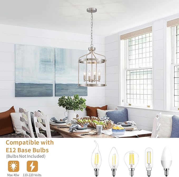 Modern Chrome Chandelier, 4-Light Farmhouse Chandeliers for Dining Room Light Fixture Over Table Adjustable Height Hanging Industrial Pendant Light for Hallway Entryway Living Room Kitchen Bedroom