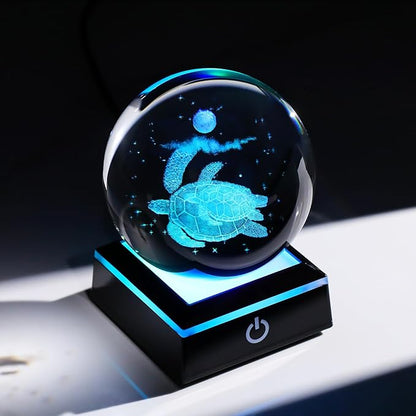 Arikyrist 3D Crystal Ball Sea Turtle Figurine with LED Base Laser Sea Turtle Gifts for Women Men on Christmas Birthday Decorative Turtle Ball Glass Sea Turtle Globe Night Light for Home Decor (80mm)
