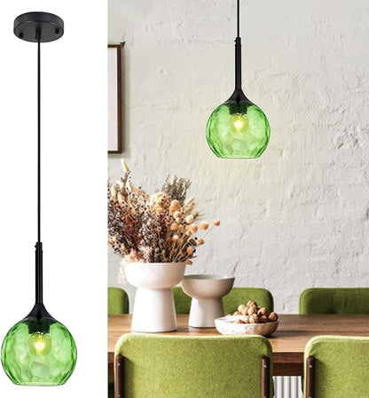 Glass Pendant Lights Kitchen Island: 5.91'' 1-Light Green Hammered Glass Pendant Light with Black Finish - Modern Minimalist Hanging Light Fixture for Kitchen Sink Dining Room - E26 Base