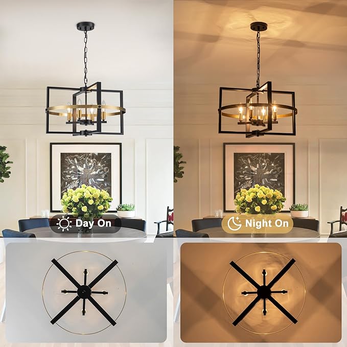 21.26'' Black Gold Chandelier 4-Light Modern Industrial Pendant Light Entryway Chandelier for Foyer Farmhouse Ceiling Lighting Fixture for Kitchen Island Dining Room Living Room Bedroom, Adjustable