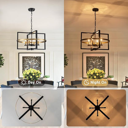 21.26'' Black Gold Chandelier 4-Light Modern Industrial Pendant Light Entryway Chandelier for Foyer Farmhouse Ceiling Lighting Fixture for Kitchen Island Dining Room Living Room Bedroom, Adjustable